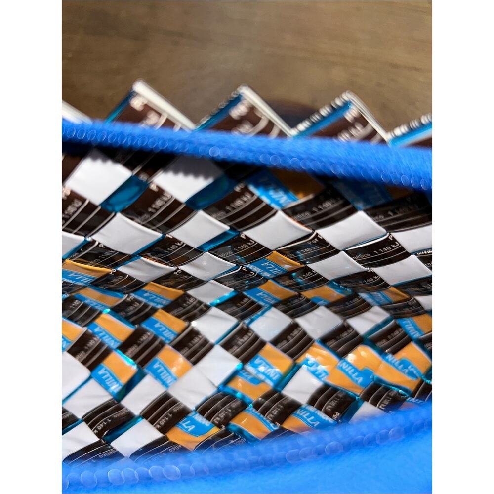 Handmade Recycled Wrapper Woven Shoulder Bag Blue Silver Artisan Purse - Picture 3 of 5